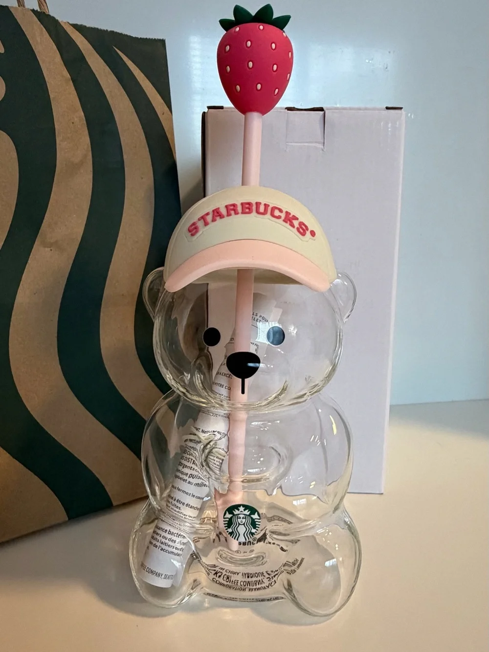 Starbucks Bearista Cup with Pink Lid and Strawberry Topper
